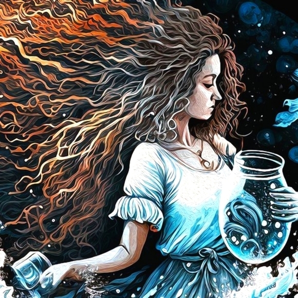 8x8 Aquarius Zodiac Fantasy Art Water-Bearer Illustration Oil Painting Print - Picture 4 of 7